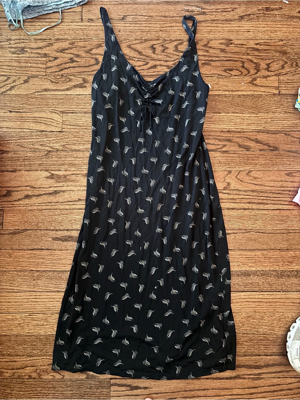 Banana Republic Black Midi Slip Dress with Ivory Leaf Motif